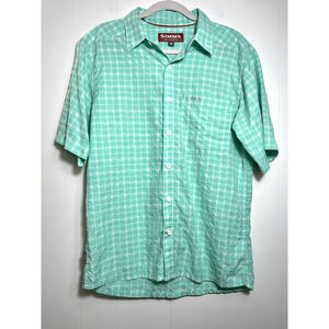 SIMMS Short Sleeve Fishing Shirt Green Plaid Button Up Mens Size Medium